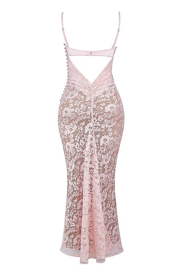 rose pink lace godet gown