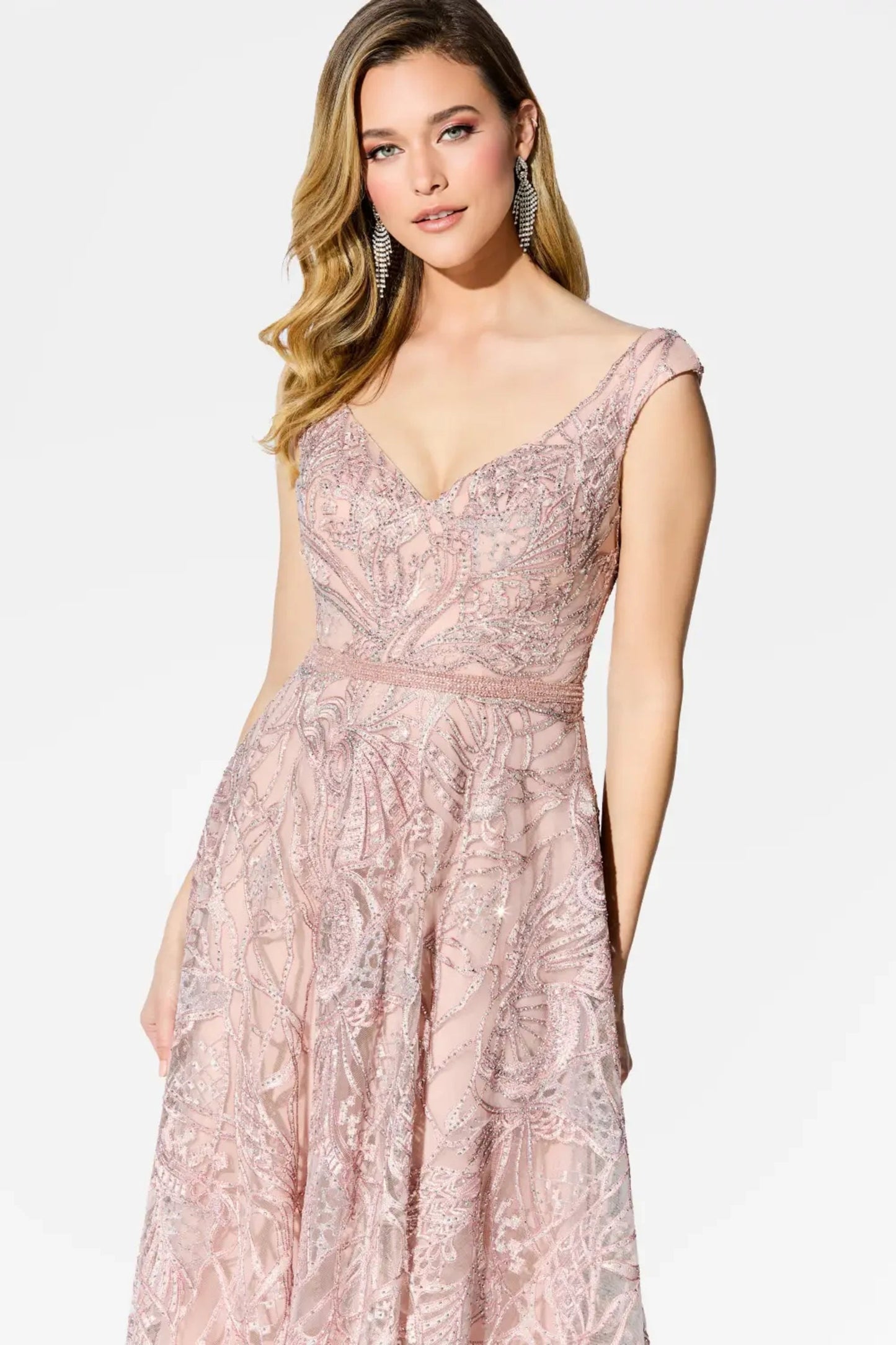 Ivonne D ID906 Long Ball Gown Feather Lace Evening Dress