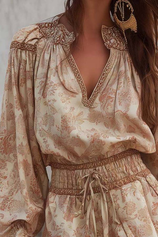 V-Neck Botanical Print Waist-Cinching Short Romper