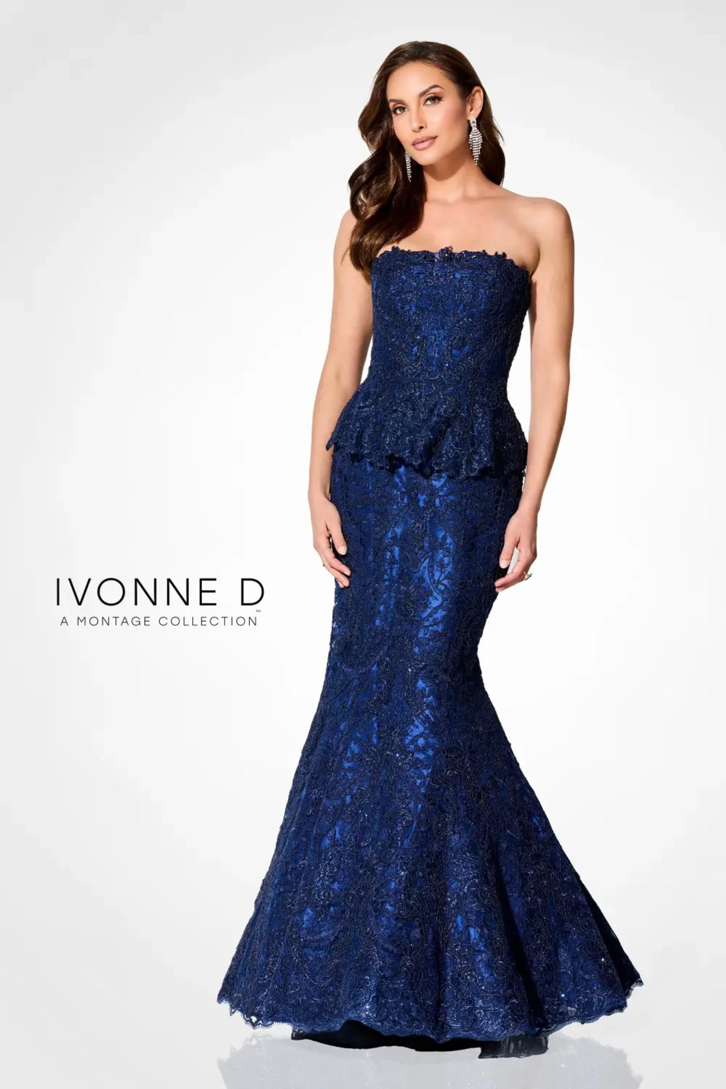 Ivonne D ID921 Metallic Long Mermaid Lace Formal Peplum Dress