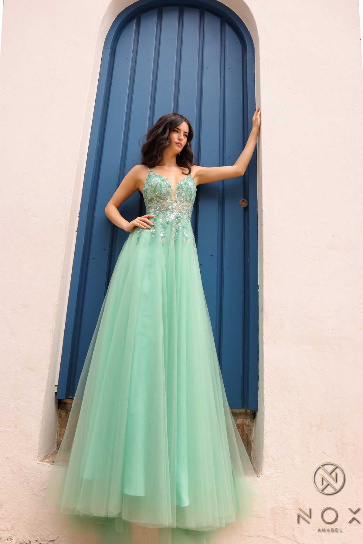 Nox Anabel Q1391 A Line Beaded Long Prom Gown