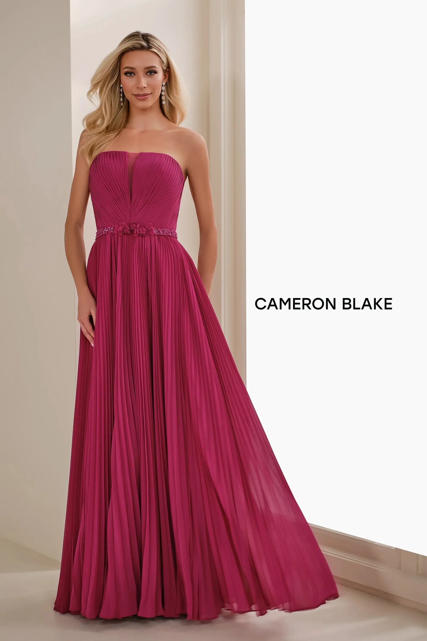 Cameron Blake CB903 Pleated Long Formal Beaded A Line Evening Gown