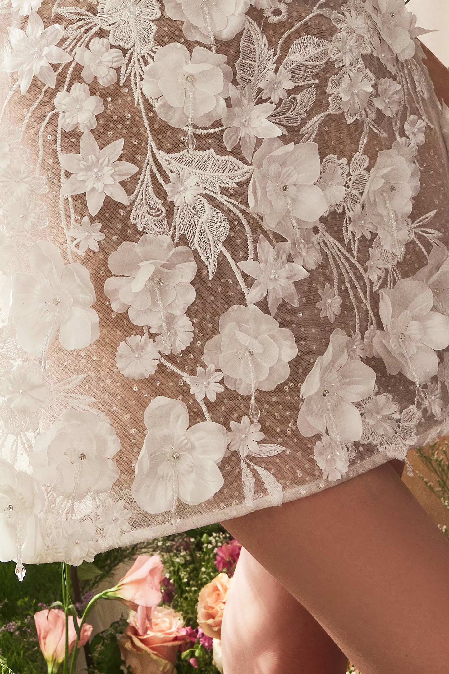 WL085 - DIMENSIONAL FLORAL & LACE STRAPLESS SHORT BRIDAL MIDI DRESS - Andrea & Leo