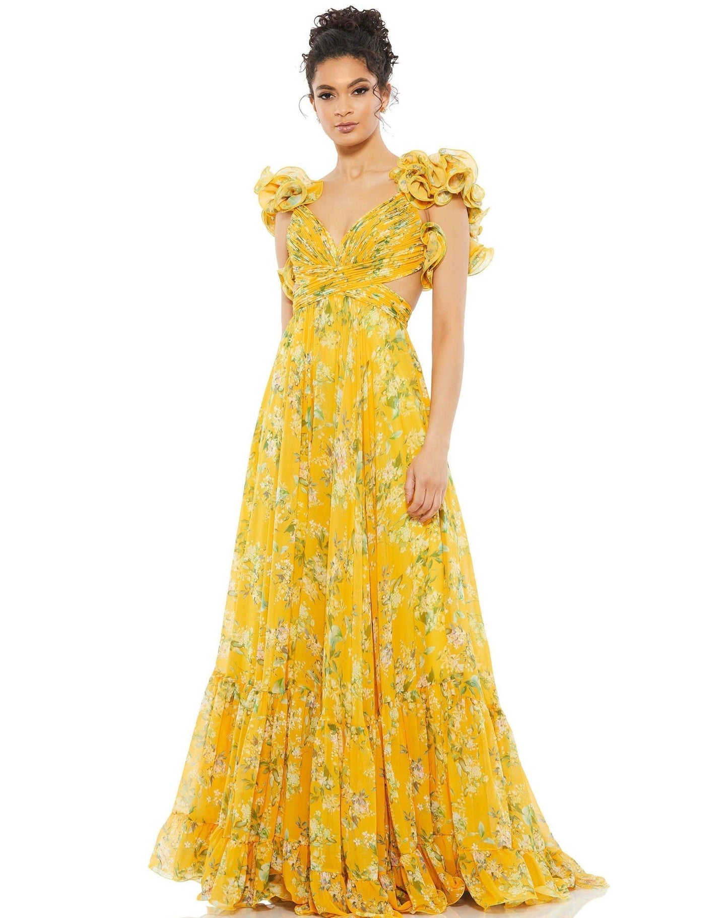 Ruffled Floral Cut-Out Chiffon Gown by Mac Duggal 67803