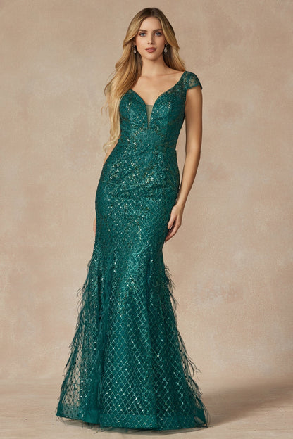 Juliet JT286 Glitter Long Mermaid Formal Feather Prom Dress