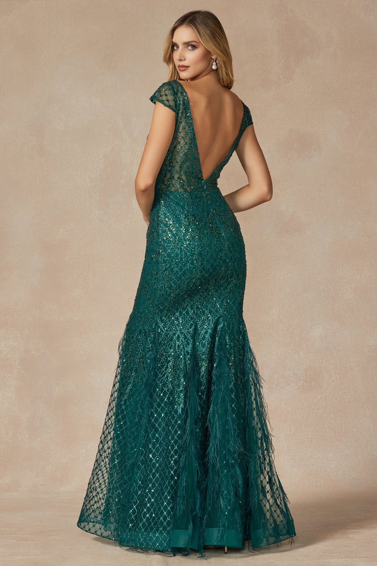 Juliet JT286 Glitter Long Mermaid Formal Feather Prom Dress