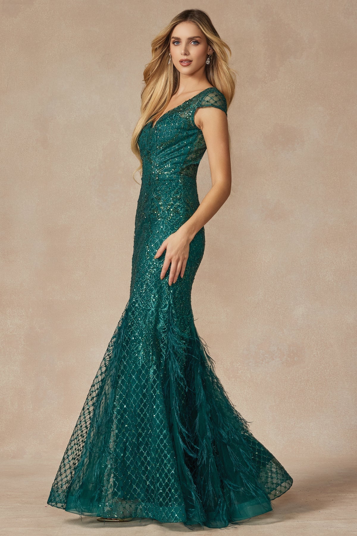 Juliet JT286 Glitter Long Mermaid Formal Feather Prom Dress