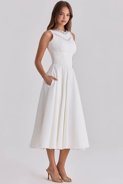white cotton lace trim waist cinch midi dress
