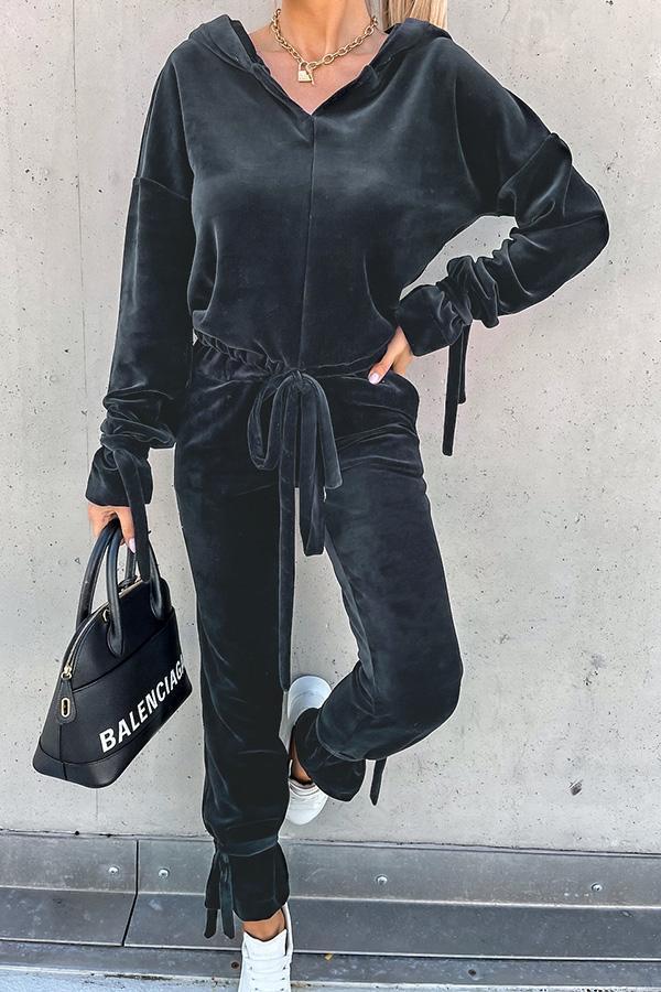 The Fashion Week Velvet Tie Front Hoodies &Joggers Set