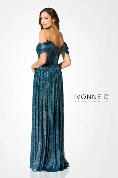 Ivonne D ID918 Glitter Long Formal Pleated Evening Dress