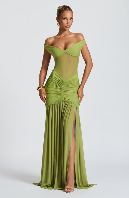 Sylarine – Bardot dress with sheer details and a slit