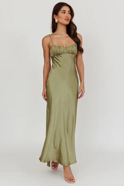 Paula Maxi Dress - Olive Green Satin Slip Dress