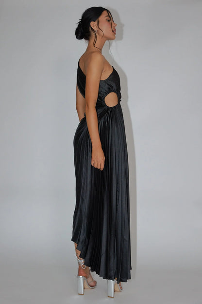 Panama Maxi Dress - Navy - Pleated Dress With Side Cut Out