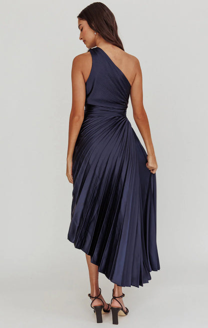 Panama Maxi Dress - Navy - Pleated Dress With Side Cut Out