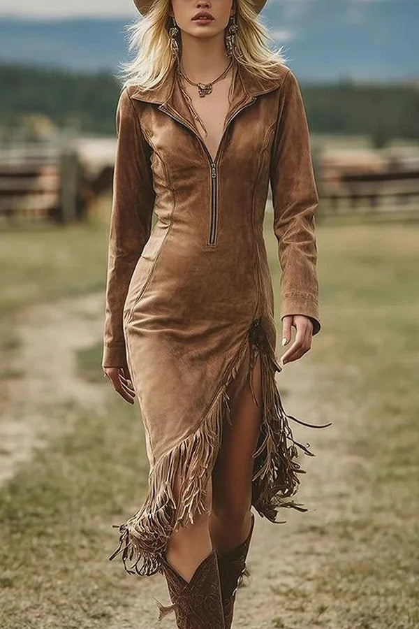 Trendy suede long-sleeved slim midi dress with irregular tassel hem