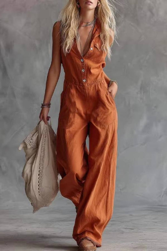 Sleeveless Collared Tie-Waist Wide-Leg Jumpsuit