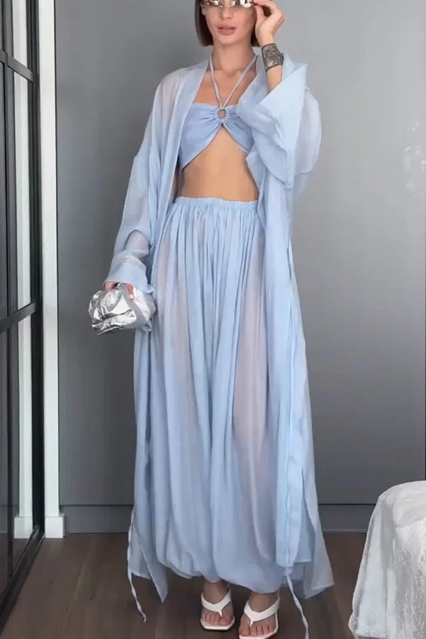 Flowy Linen Blend Halter Tank & Elastic Waist Tie-up Wide Leg Pants & Kimono Cover-Ups 3pieces Set