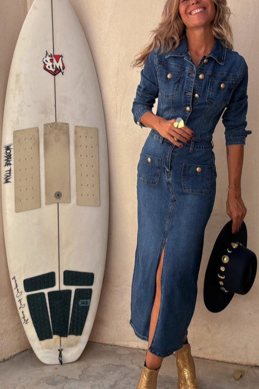 Tessy Denim Metal Button Zipper Shirt Stretch Pencil Slit Midi Dress