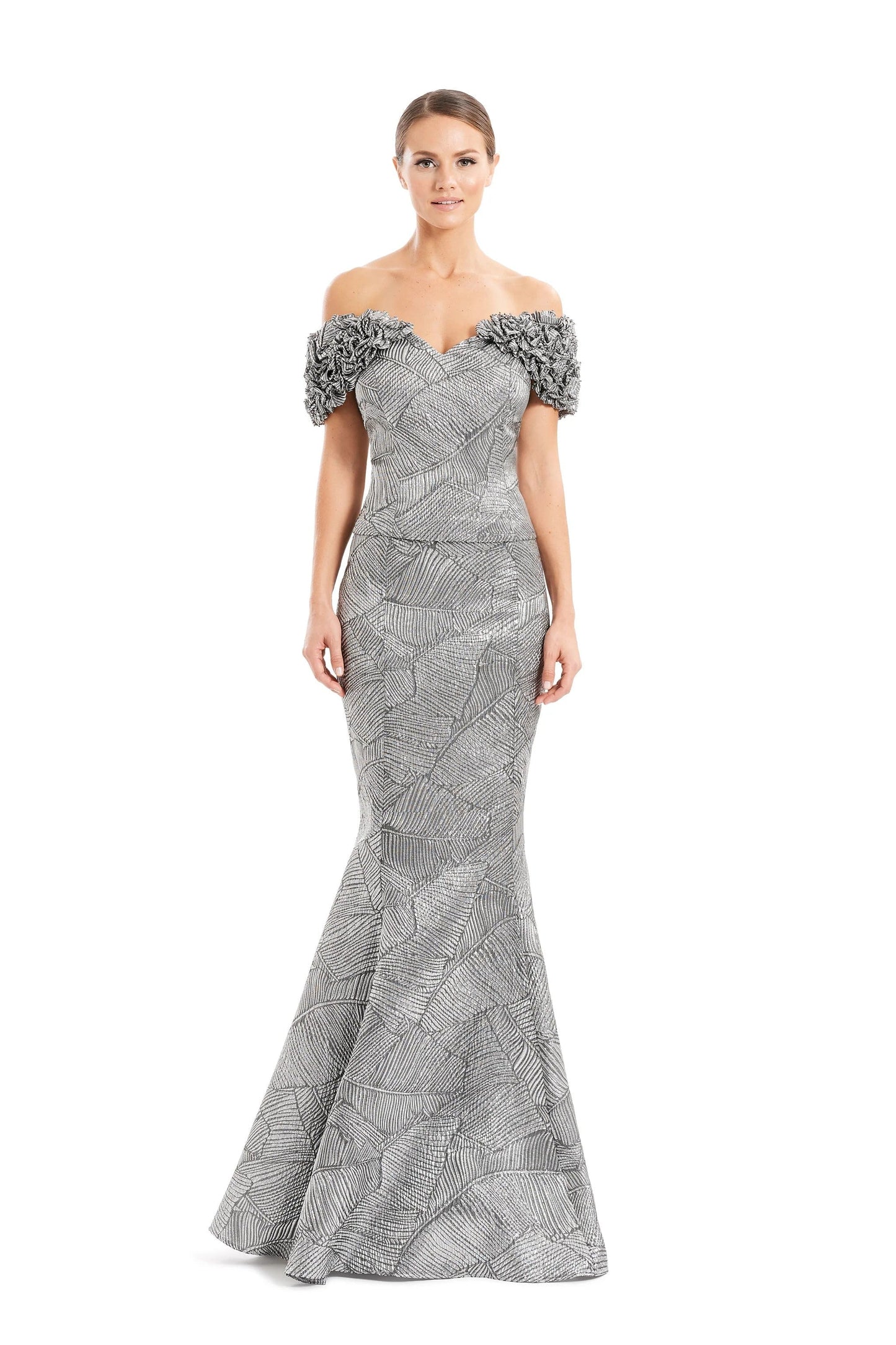 Alexander By Daymor 1650F22 Long Metallic Formal Ruffle Evening Dress