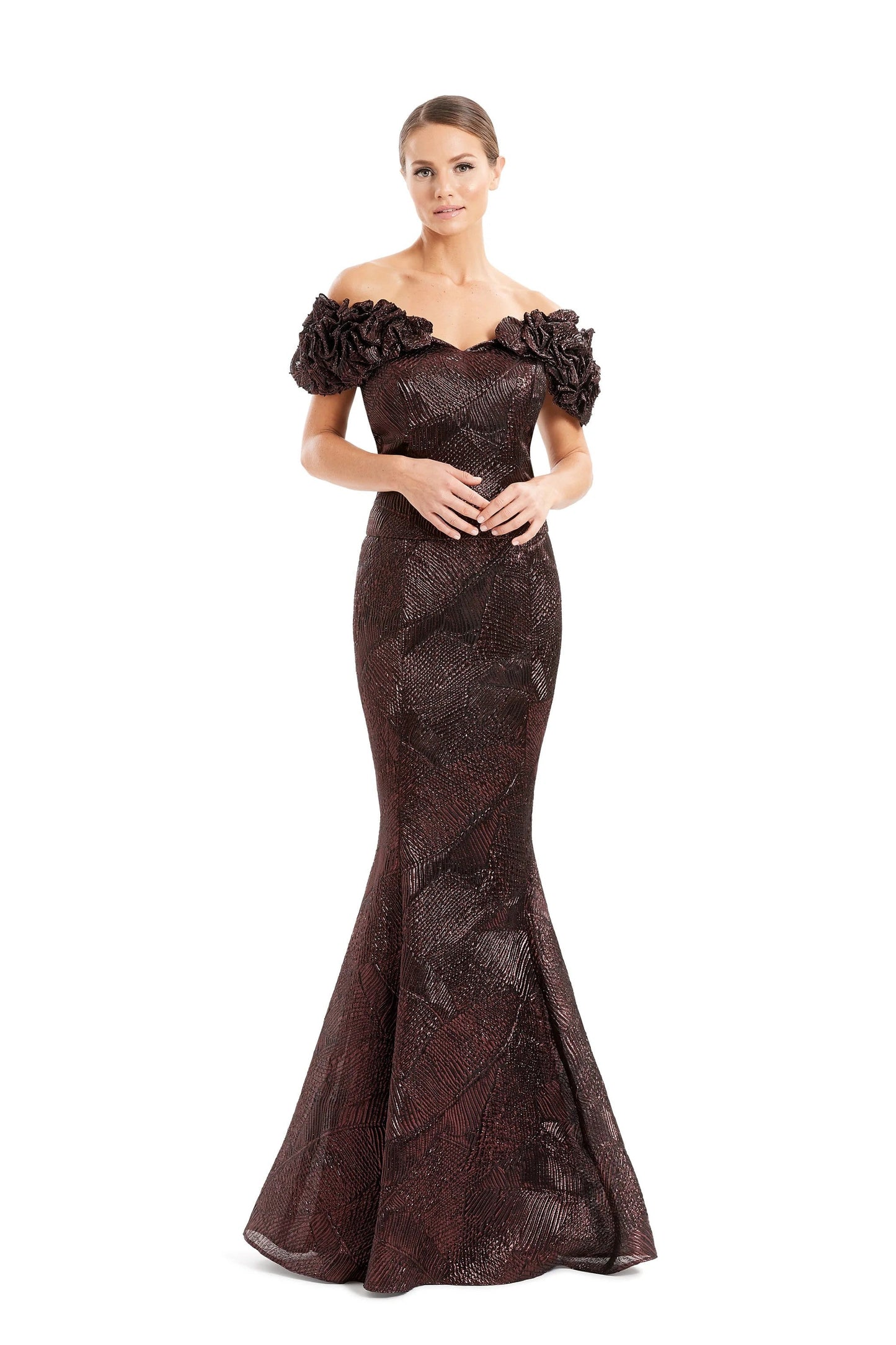 Alexander By Daymor 1650F22 Long Metallic Formal Ruffle Evening Dress