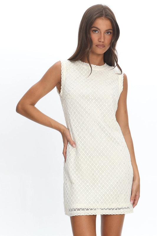 Alvena Crochet Lace Shift Dress Sequin White
