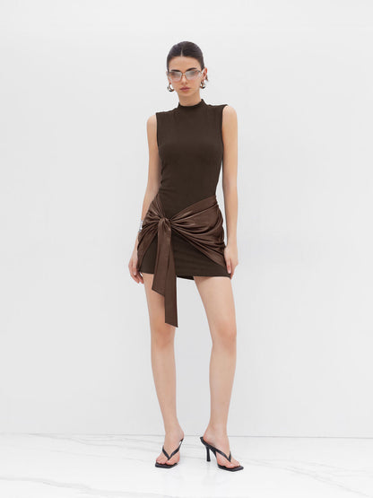 High Neck Ruched Knotted Mini Dress