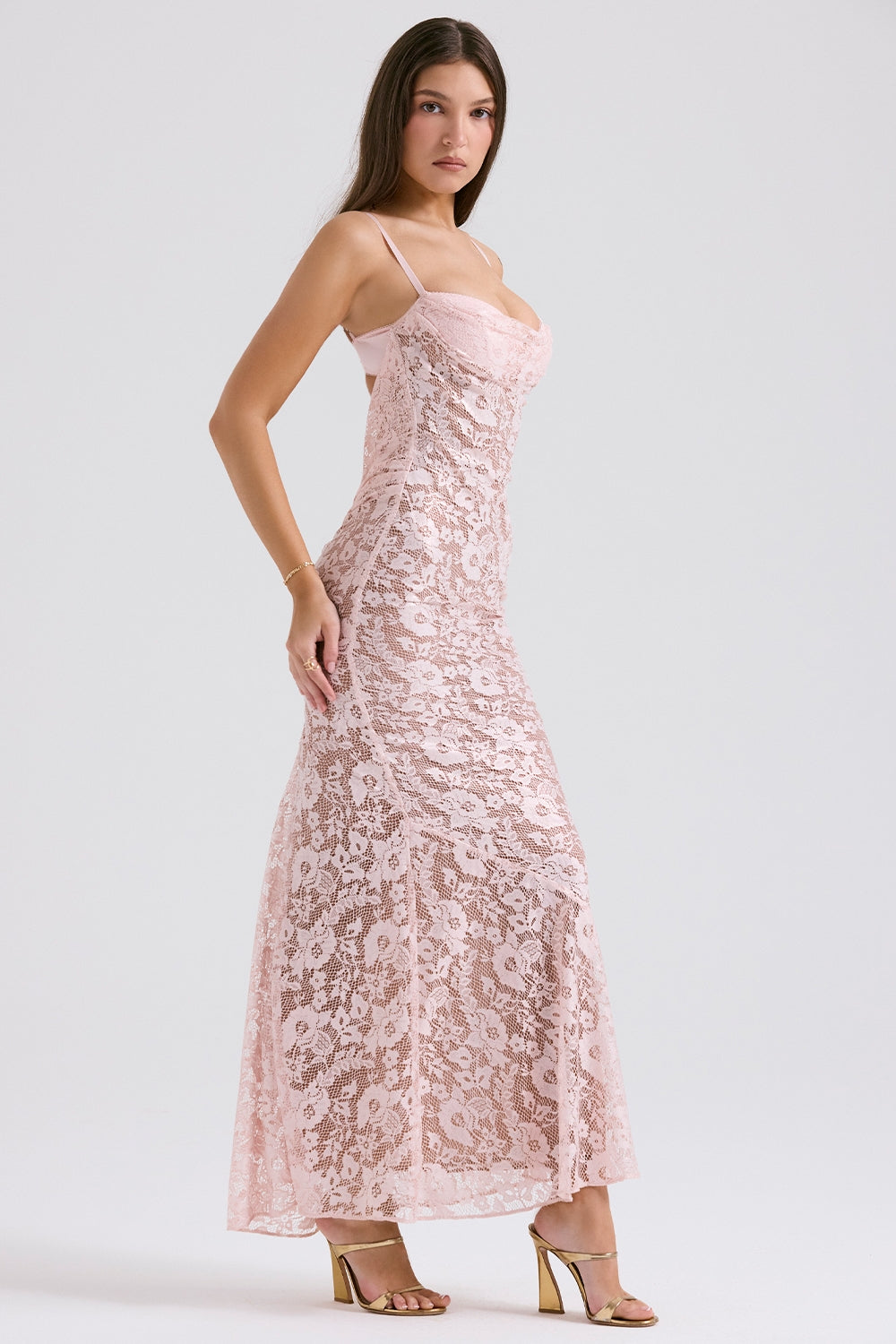 rose pink lace godet gown