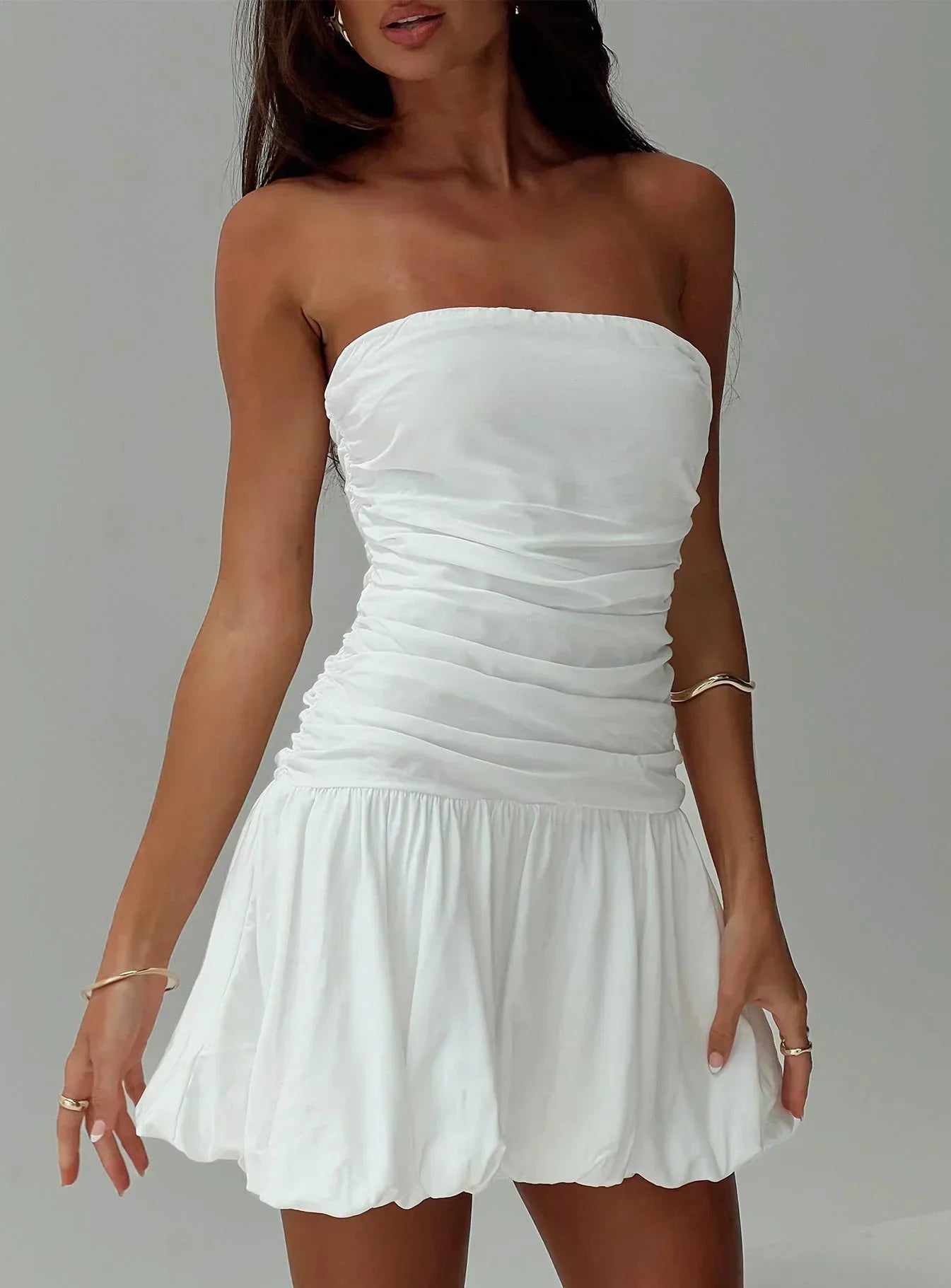 Glamour Girl Strapless Bubble Hem Mini Dress White
