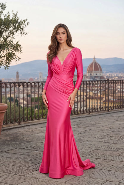 Fitted V-Neck Long Sleeve Floor-Length Sequin Prom Dress with High Slit