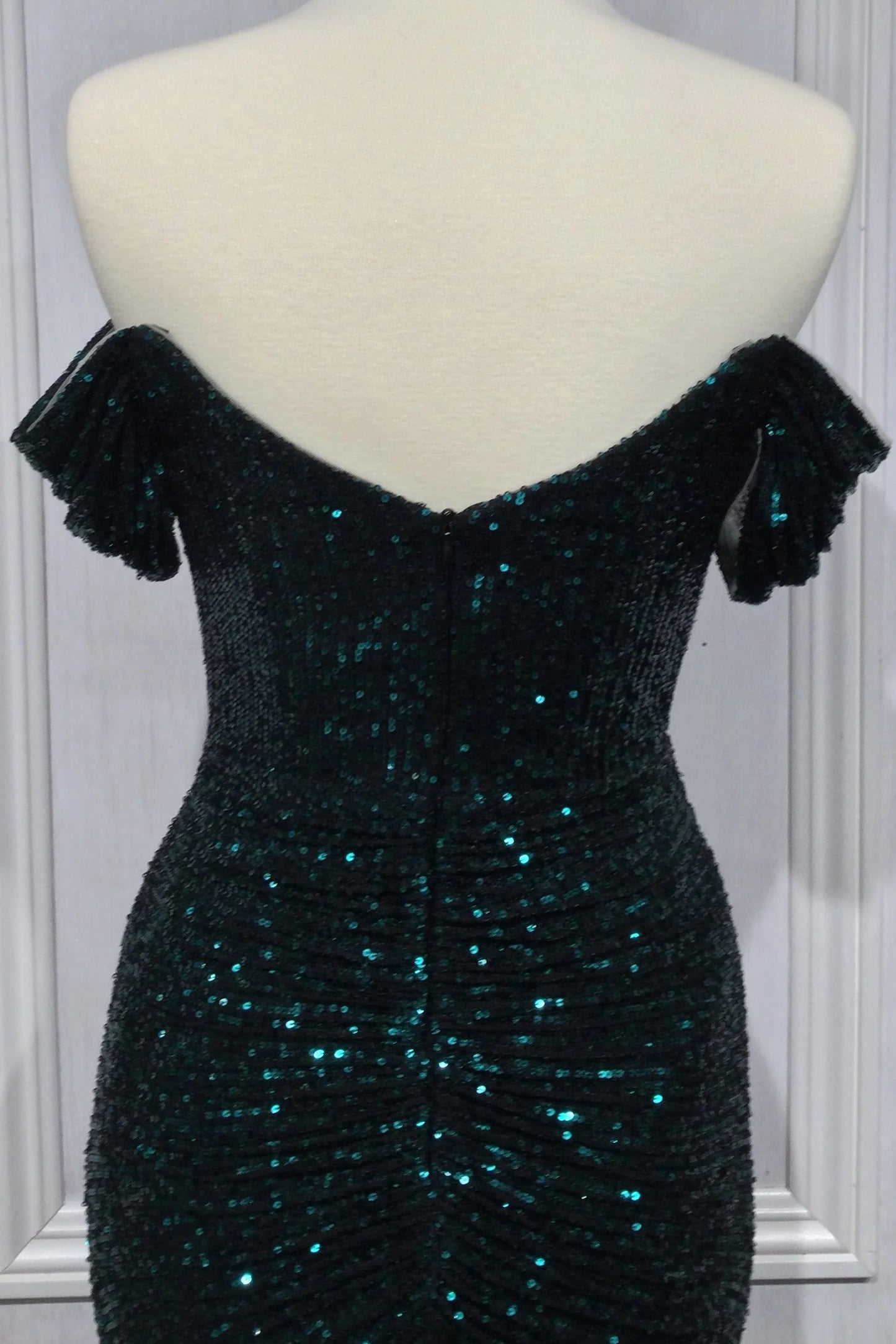 FALLON GOWN - OFF THE SHOULDER RUCHED SEQUIN DRESS