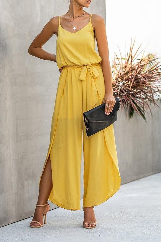 Fashion V-neck Suspender Wide-leg Slit Jumpsuit (With Belt)