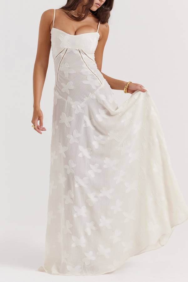 Spaghetti Strap Jacquard Lace Waist-Cinched Tie Maxi Dress