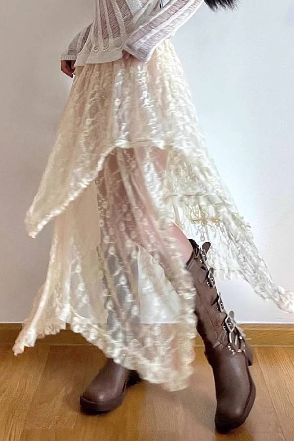 Off-White Lace Irregular Ruffle Tiered Maxi Skirt