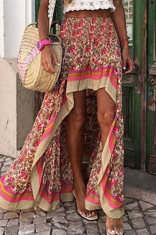 V Neck Red Beach Floral-Print Boho Maxi Dress