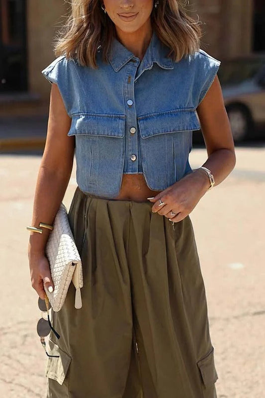 Stylish Weekend Denim Button Up Cape Sleeve Pocket Crop Top