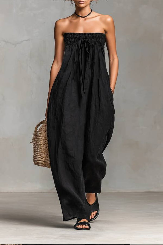 Black Minimalist Loose-fitting Faux Linen-blend Strapless Jumpsuit
