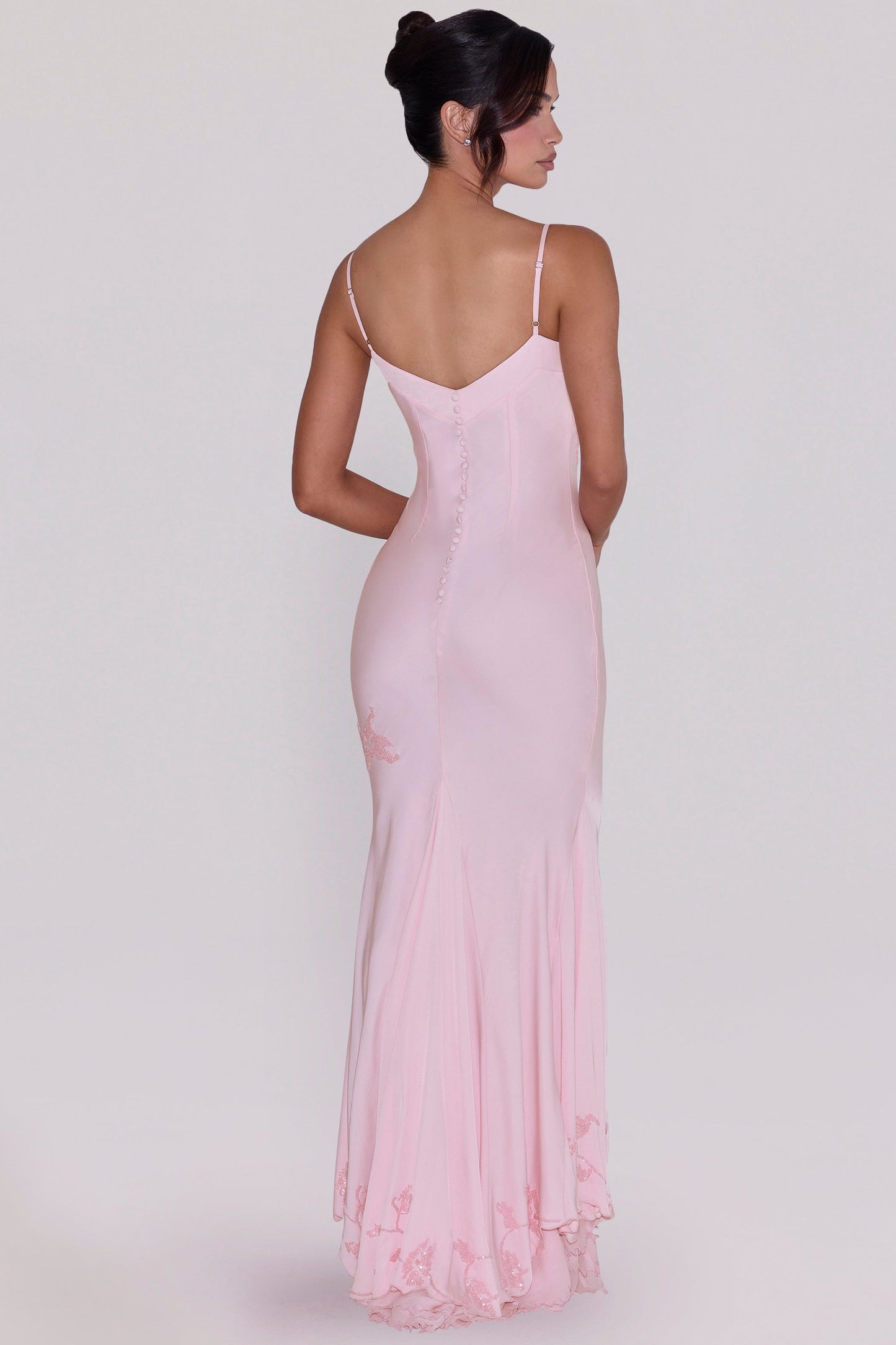 pink hand beaded embellished satin maxi dress