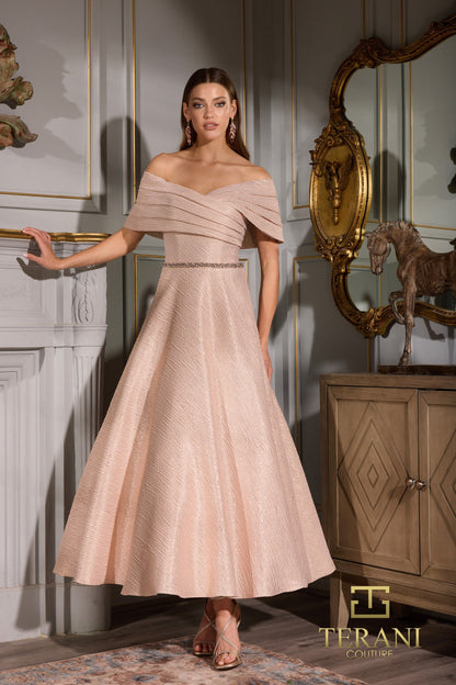 Terani Couture 252C5022 A Line Pleated Tea Length Cocktail Dress