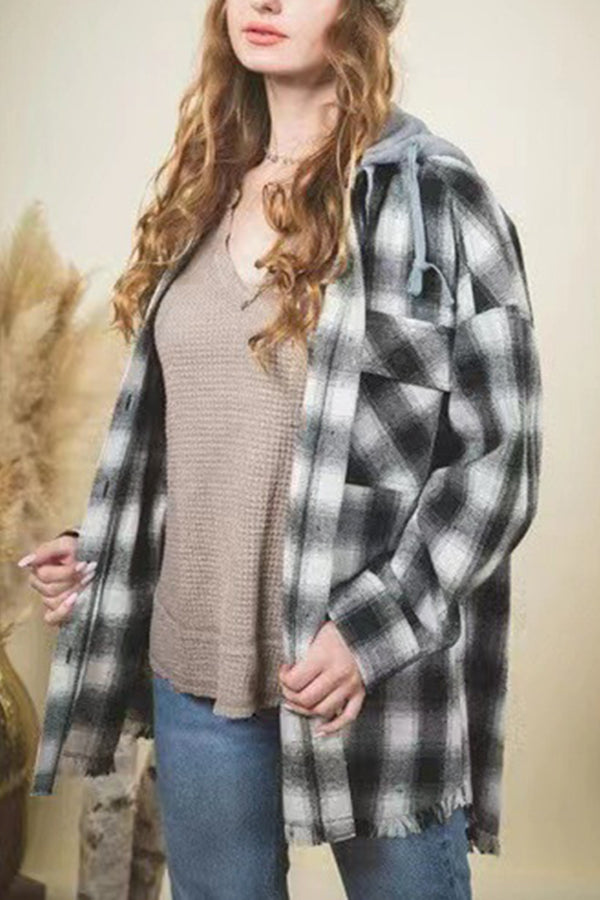 Stylish Hooded Plaid Shirt Frayed Coat