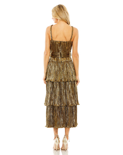 A Line Pleated Metallic Tea Length Cocktail Dress Pleated Metallic Tea Length Mac Duggal 27062