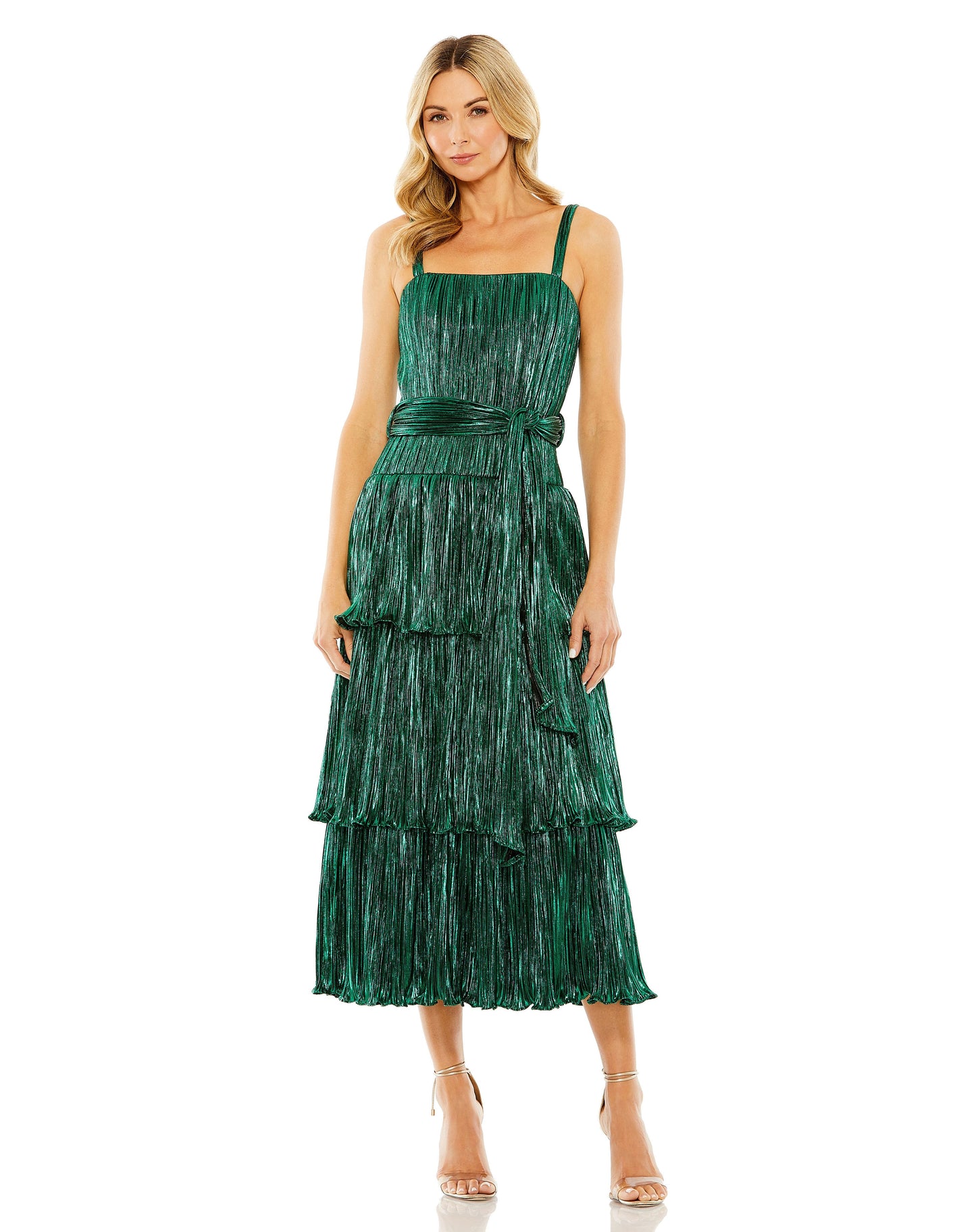 A Line Pleated Metallic Tea Length Cocktail Dress Pleated Metallic Tea Length Mac Duggal 27062