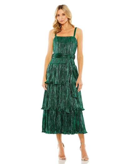 A Line Pleated Metallic Tea Length Cocktail Dress Pleated Metallic Tea Length Mac Duggal 27062