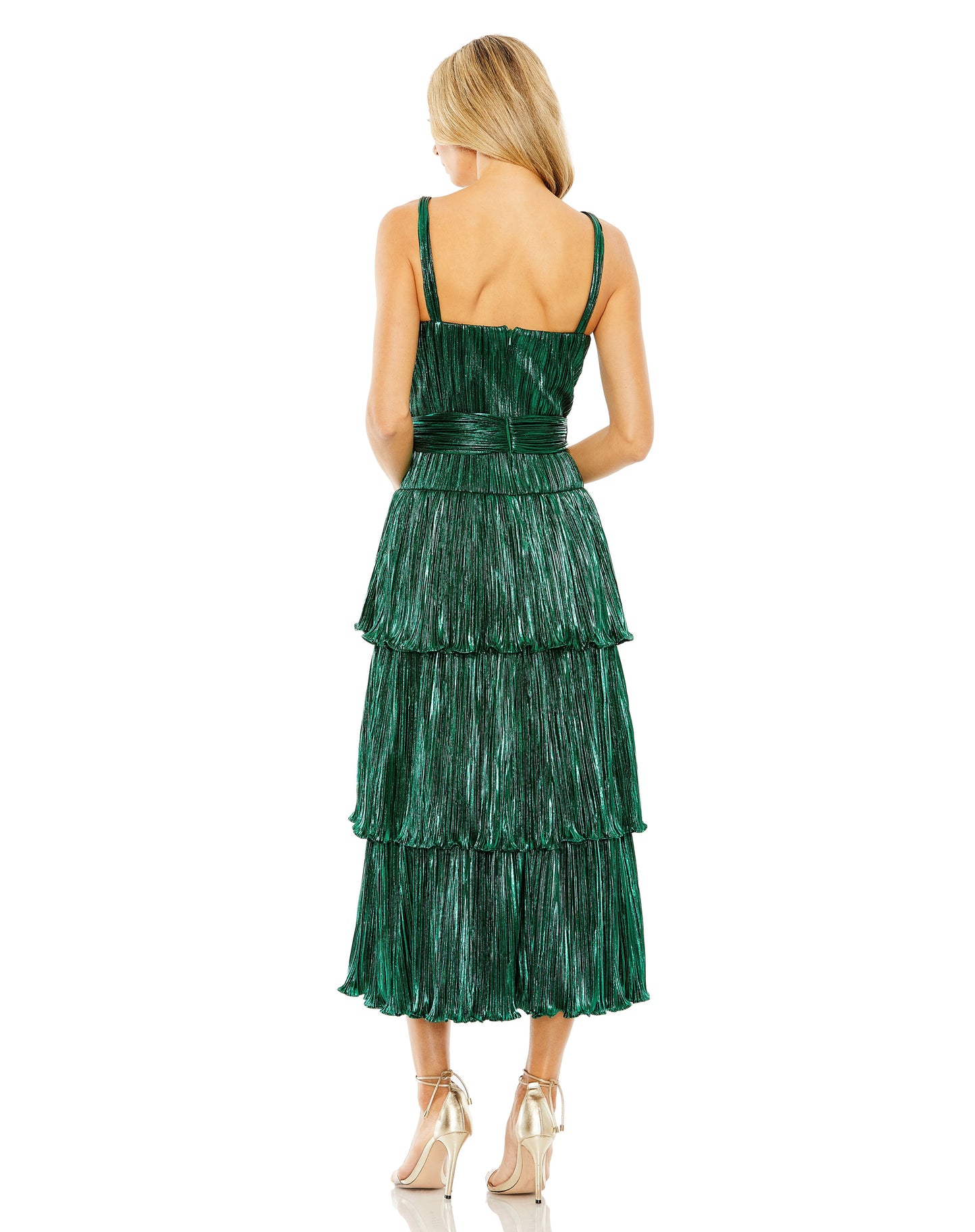 A Line Pleated Metallic Tea Length Cocktail Dress Pleated Metallic Tea Length Mac Duggal 27062