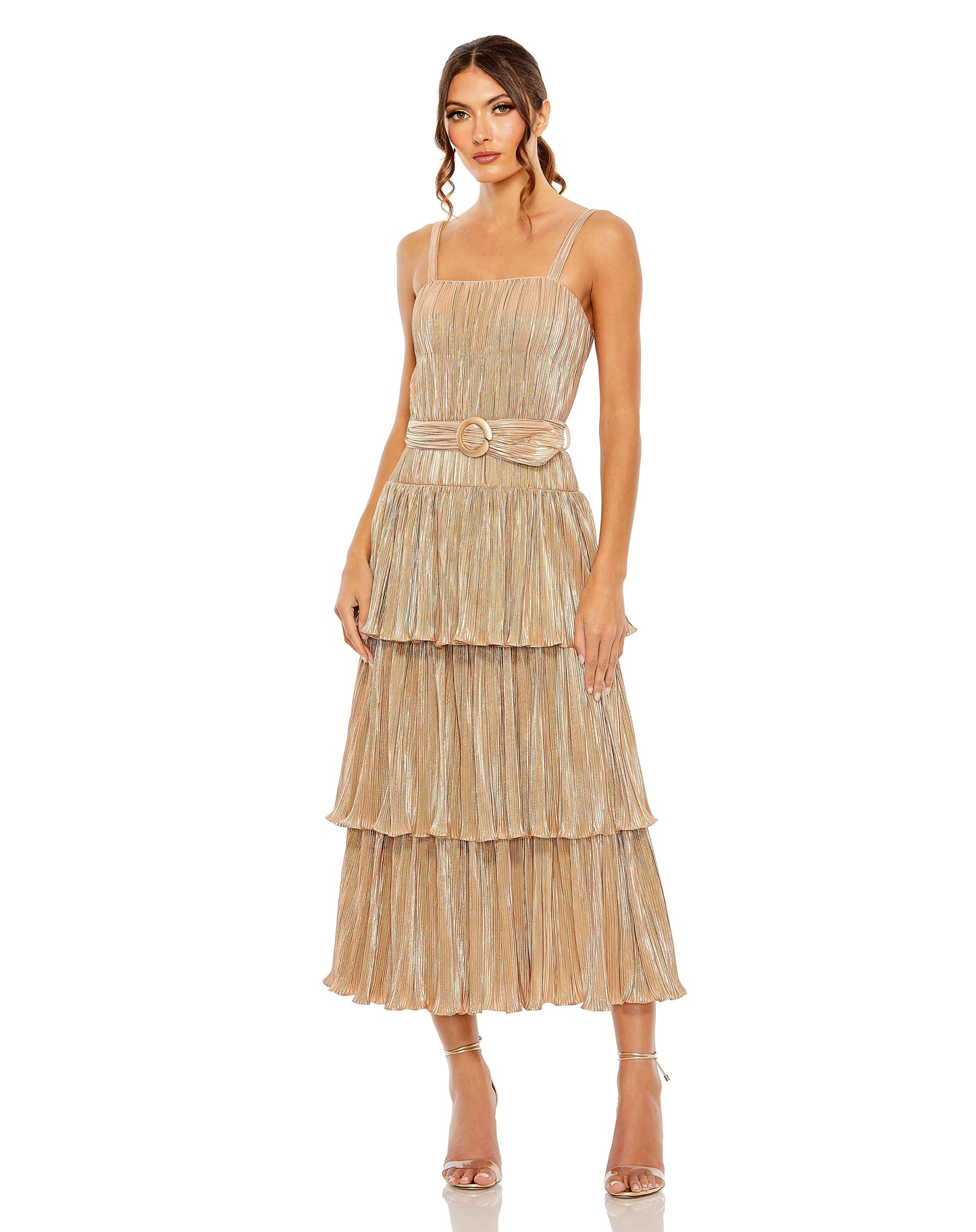 A Line Pleated Metallic Tea Length Cocktail Dress Pleated Metallic Tea Length Mac Duggal 27062