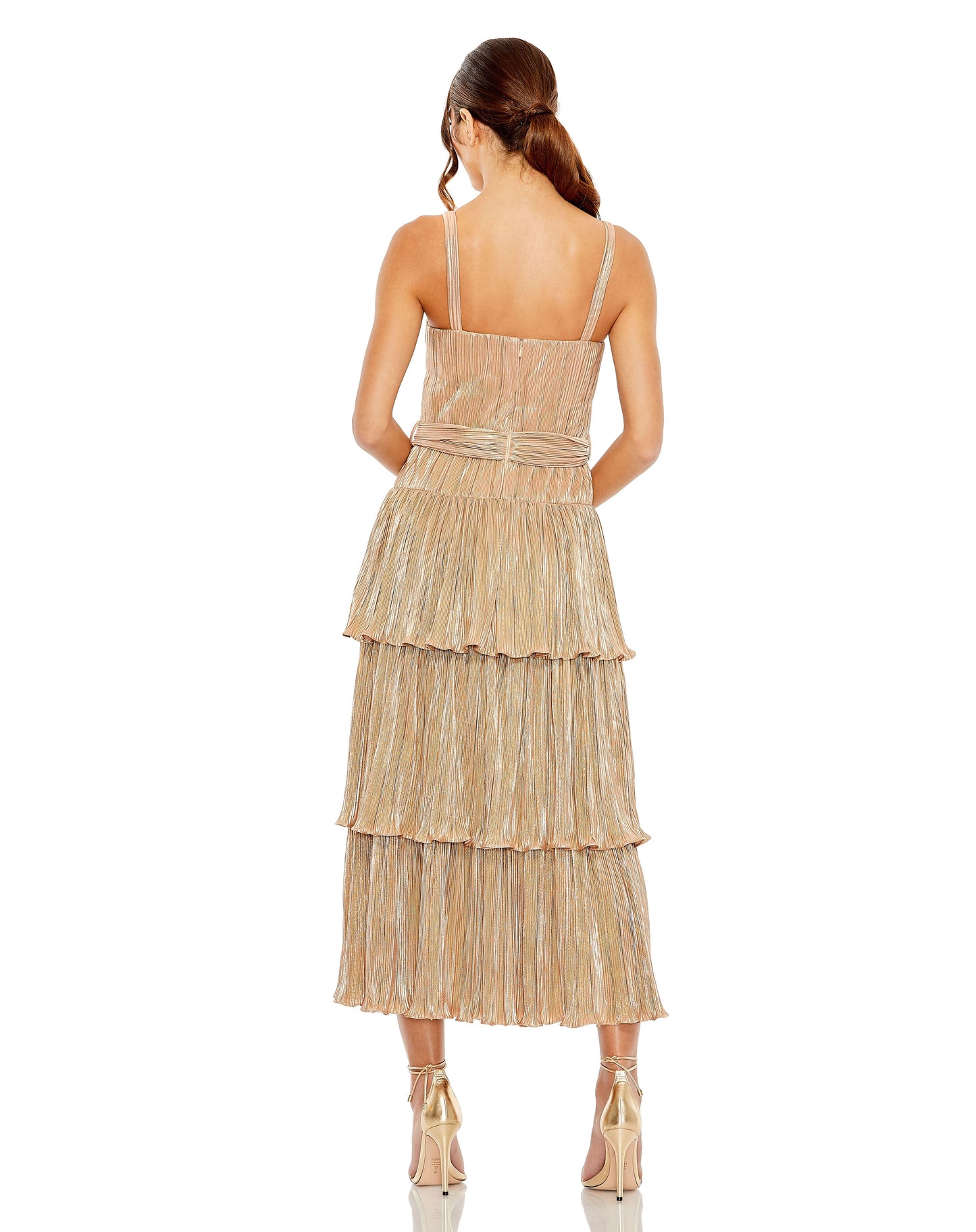 A Line Pleated Metallic Tea Length Cocktail Dress Pleated Metallic Tea Length Mac Duggal 27062