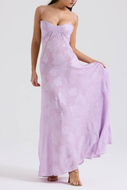 Spaghetti Strap Jacquard Lace Waist-Cinched Tie Maxi Dress