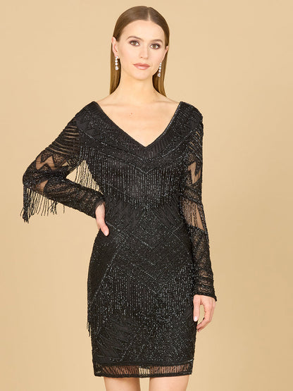 Lara Dresses 29355 Long Sleeve Beaded Fringe Short Cocktail Dress