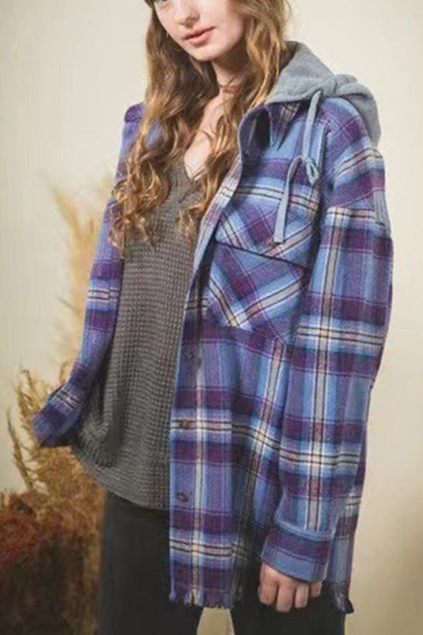 Stylish Hooded Plaid Shirt Frayed Coat