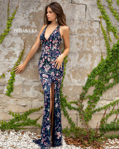 Primavera Couture 3073 Long Floral Beaded Formal Fitted Prom Dress