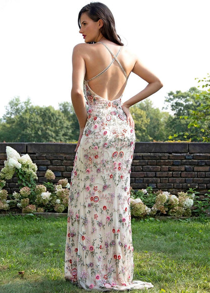 Primavera Couture 3073 Long Fitted Formal Floral Beaded Prom Dress